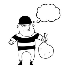 thought bubble cartoon burglar with loot bag