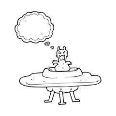 thought bubble cartoon alien in flying saucer