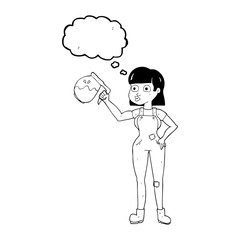 thought bubble cartoon woman in dungarees with coffee