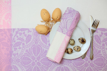 Easter table setting eggs violet