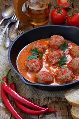 Meatballs in tomato sauce with a garnish from a spaghetti and be