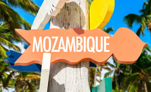 Mozambique welcome sign with palm trees