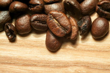 Coffee beans on beech tree background close-up