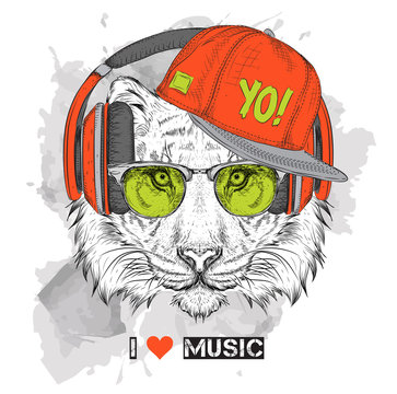 The image of the tiger in the glasses, headphones and in hip-hop hat. Vector illustration.