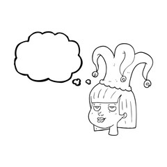 thought bubble cartoon woman wearing jester hat