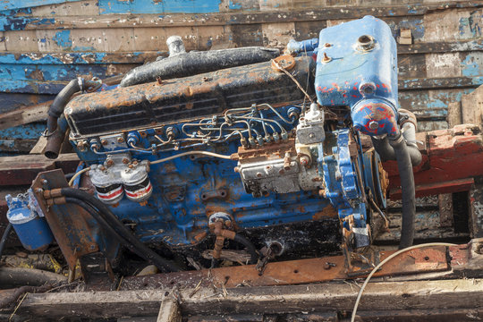 The Engine Of An Abandoned And Wrecked Old Fishing Boat At The Mouth Of River Wansbeck, On The Coast Of Northumberland, England, UK.