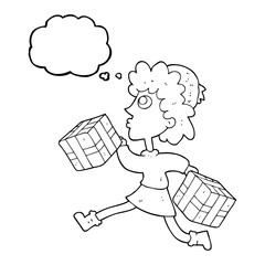 thought bubble cartoon running woman with presents