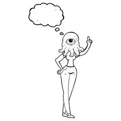 thought bubble cartoon female alien with raised hand