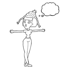 thought bubble cartoon woman wearing hat