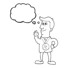thought bubble cartoon waving man with award