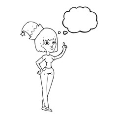 thought bubble cartoon woman wearing christmas hat