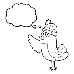 thought bubble cartoon bird wearing hat