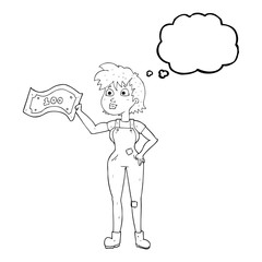 thought bubble cartoon confident farmer woman with money