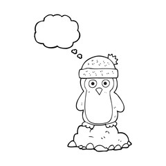 thought bubble cartoon penguin wearing hat