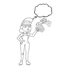 thought bubble cartoon hard working woman with beer