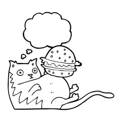 thought bubble cartoon fat cat with burger