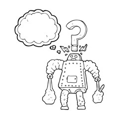 thought bubble cartoon confused robot carrying shopping