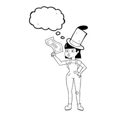 thought bubble cartoon woman holding on to money
