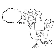 thought bubble cartoon chicken running in funny hat