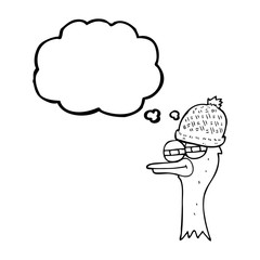 thought bubble cartoon bird wearing hat