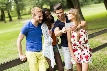 Fototapeta na wymiar Young multiracial friends taking selfie in the park