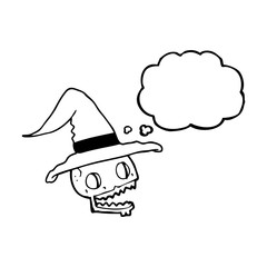 thought bubble cartoon skull wearing witch hat