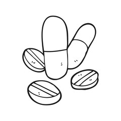 black and white cartoon pills
