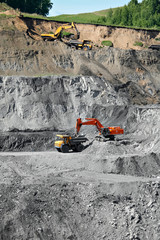 Excavator loading mining truck