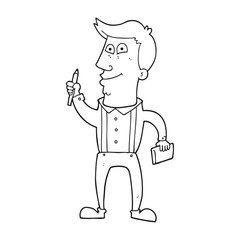 black and white cartoon man with notebook and pen