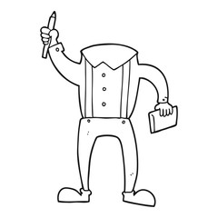 black and white cartoon headless body with notepad and pen (add