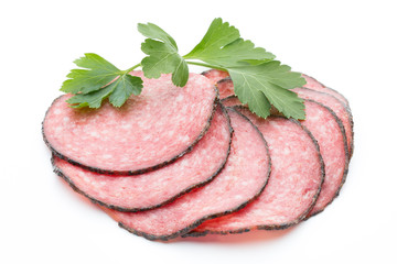 Sausage slices isolated on white background cutout.