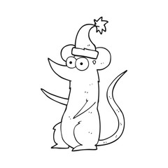 black and white cartoon mouse wearing christmas hat