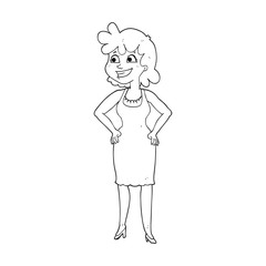 black and white cartoon happy woman wearing dress