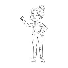 black and white cartoon woman in dungarees