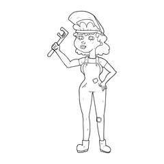 black and white cartoon capable woman with wrench