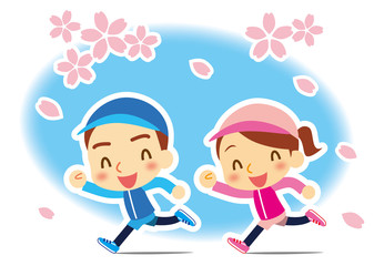 桜吹雪　仲良くジョギング　カップル