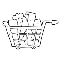 black and white cartoon shopping trolley