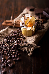 Chocolate cupcakes with white butter cream, decorated with winter cherry on a dark wooden background. Decorated with cinnamon sticks, coffee beans