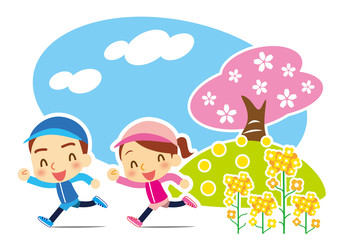 春　仲良くジョギング　カップル