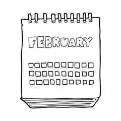 black and white cartoon calendar showing month of february