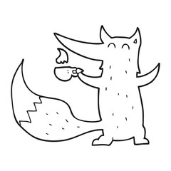black and white cartoon wolf with coffee cup