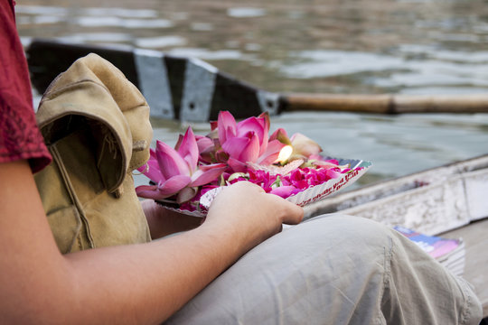Gift for the dead people in Ganga River. Varanasi. India.