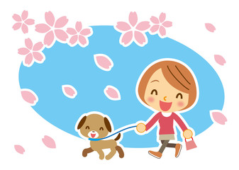 桜吹雪　ワンちゃんとお姉さん