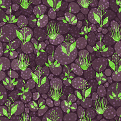 Seamless pattern with grass and stones