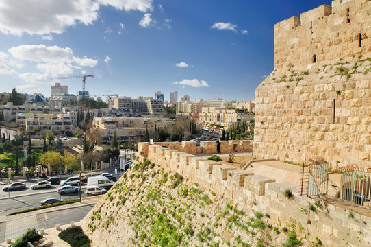 The walls of Old Jerusalem city and view to the city landscape.