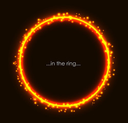 Fiery light round frame with spark. Flaming sparkling glow background. Burning ring orange and yellow golden color. Vibrant circle vector illustration