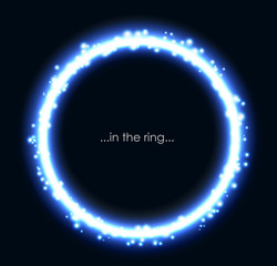Vector round blue shiny frame with spark on black background. Technology light ring for logo or message. Abstract Glow circle energy tech concept