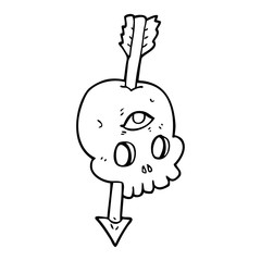 black and white cartoon magic skull with arrow through brain