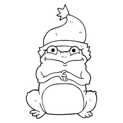 black and white cartoon frog wearing christmas hat