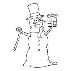 black and white cartoon snowman holding present